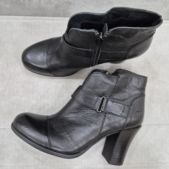 Born ankle boots women's 7 black leather block heel cap toe side zip - Picture 7 of 14